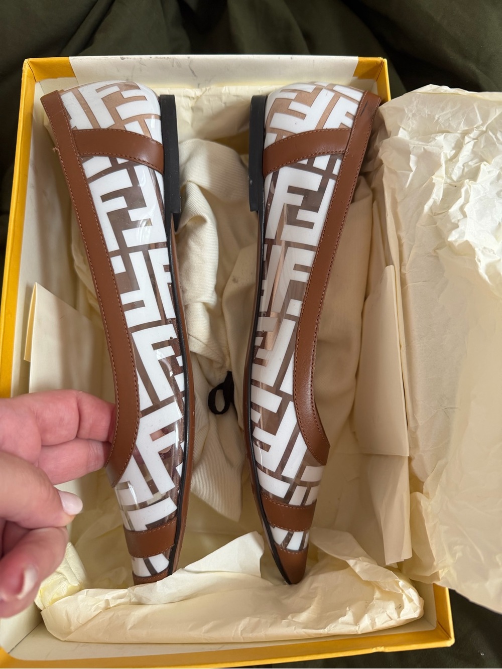 Fendi Brown & White Pointed-Toe Logo-Print Flats - Picture 2 of 4